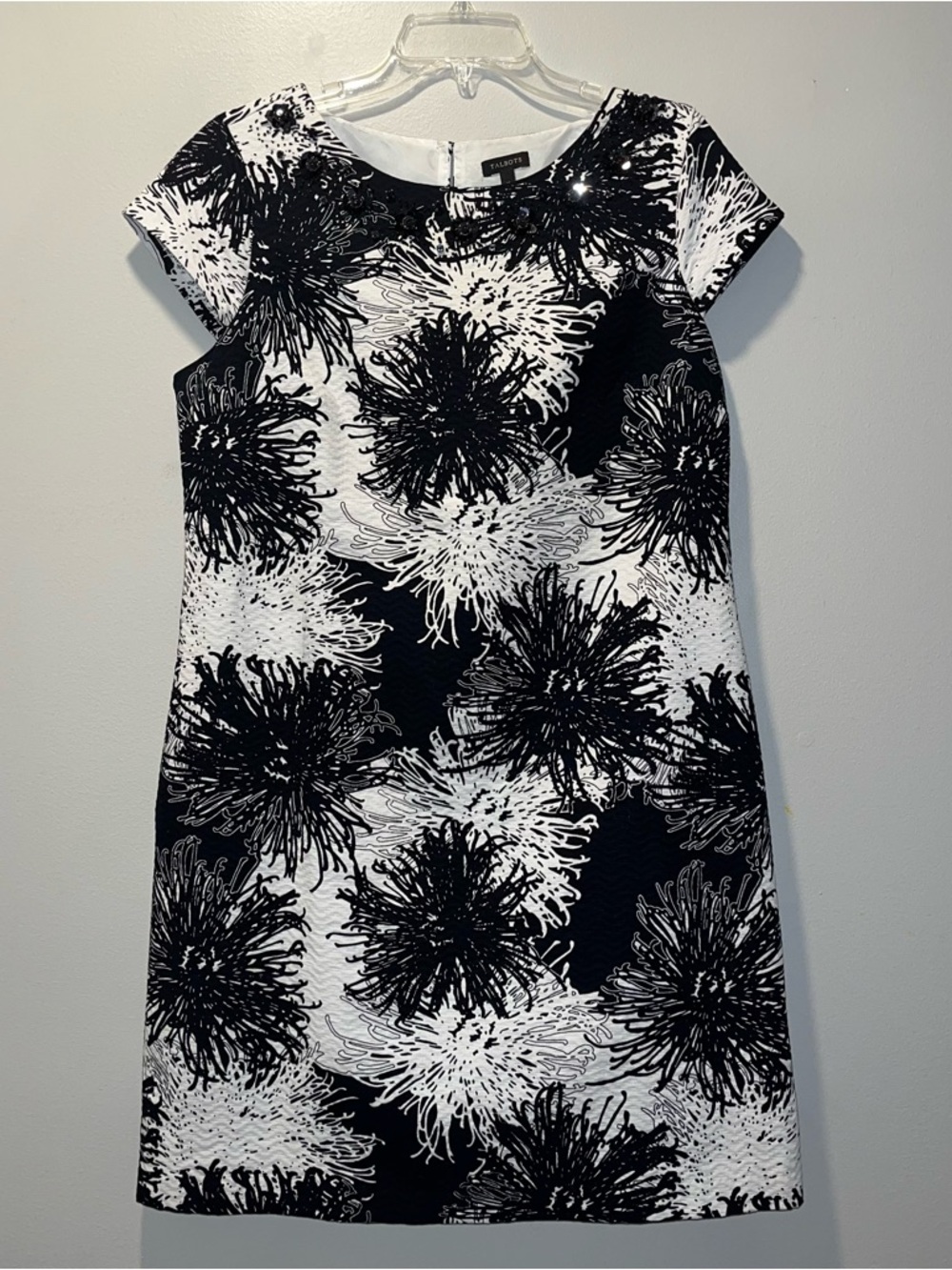 TALBOTS Size 12 Dark Navy & White Floral Sheath Dress with Embellished Collar